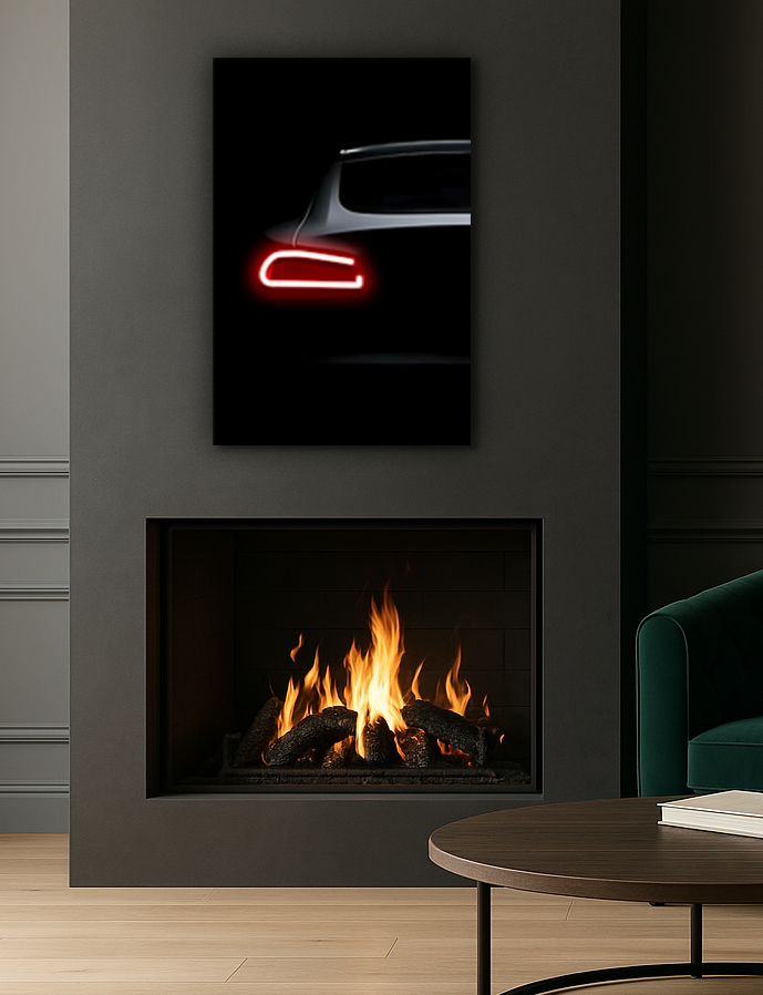 Minimalist Siyah Araba UV Baskı Neon Duvar Dekoru | Kırmızı Işıklı Pleksi Tablo | Modern Salon ve Ofis Duvar Sanatı