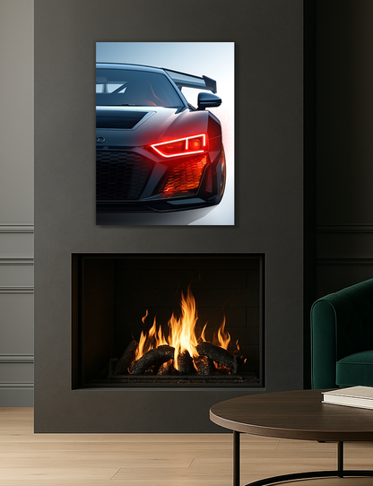 Siyah Audi R Tarzı UV Baskı Neon Duvar Dekoru | Pleksi Işıklı Spor Araba Tablo | Modern Ev ve Ofis Dekoru