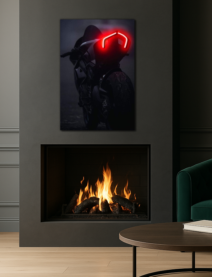 Siyah Motosiklet UV Baskı Neon Duvar Dekoru | Kırmızı Işıklı Pleksi Tablo | Modern ve Minimal Duvar Sanatı