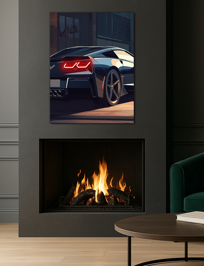 Siyah Corvette Tarzı UV Baskı Neon Duvar Dekoru | Pleksi Işıklı Süper Araba Tablo | Modern Ev ve Ofis Dekoru