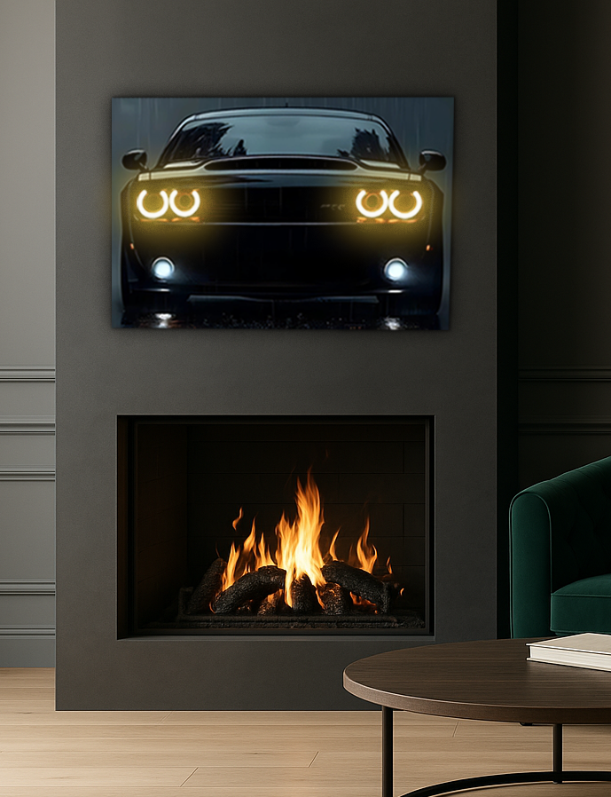 Siyah Muscle Car UV Baskı Neon Duvar Dekoru | Pleksi Işıklı Araba Tablo | Güçlü Far Efektli Modern Duvar Sanatı