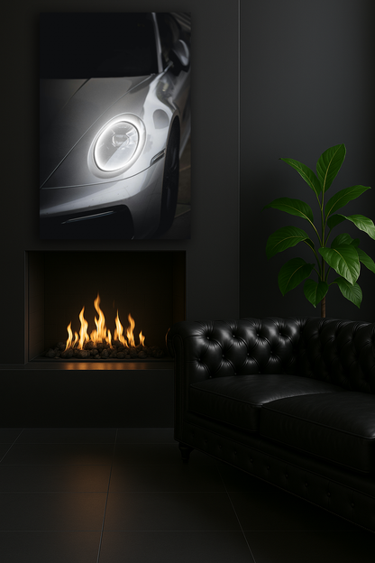 Gri Spor Otomobil UV Baskı Neon Tablo | Yuvarlak LED Far Detaylı Pleksi Duvar Dekoru | Minimalist Otomobil Sanatı