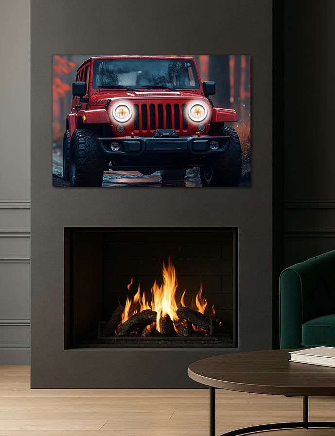 Kırmızı Jeep Tarzı UV Baskı Neon Duvar Dekoru | Pleksi Işıklı Araba Tablo | Gamer Room ve Ofis Dekoru