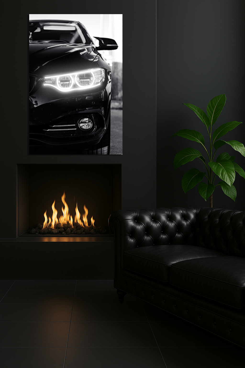 Siyah Otomobil UV Baskı Neon Duvar Tablosu | Beyaz LED Far Detaylı Pleksi Dekor | Modern Otomobil Duvar Sanatı