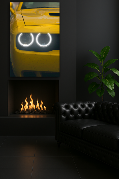 Spor Otomobil UV Baskı Neon Tablo | Çift LED Far Detaylı Pleksi Duvar Dekoru | Enerjik Otomobil Duvar Sanatı