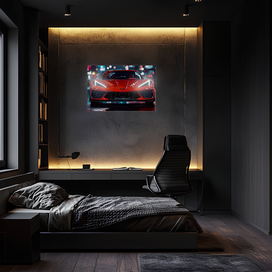Kırmızı Corvette Tarzı UV Baskı Neon Duvar Dekoru | Pleksi Işıklı Spor Araba Tablo