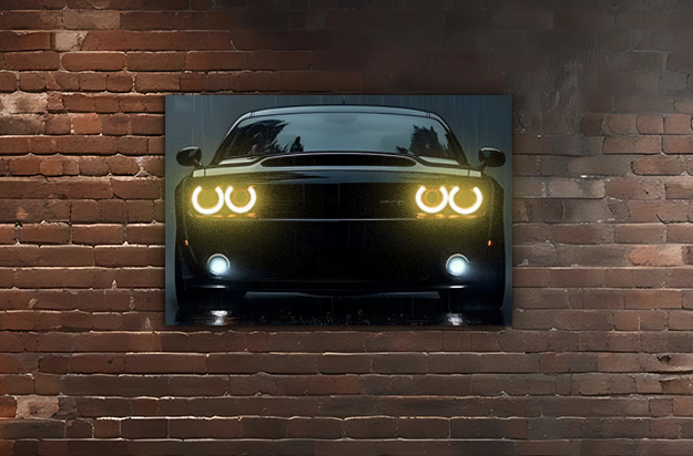 Siyah Muscle Car UV Baskı Neon Duvar Dekoru | Pleksi Işıklı Araba Tablo | Güçlü Far Efektli Modern Duvar Sanatı