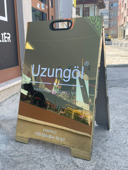 Aynalı Gold Paslanmaz A Tabela | Lüks Metal Kaldırım Tabelası | Dış Mekan Reklam Standı | 3 Boy Seçeneği