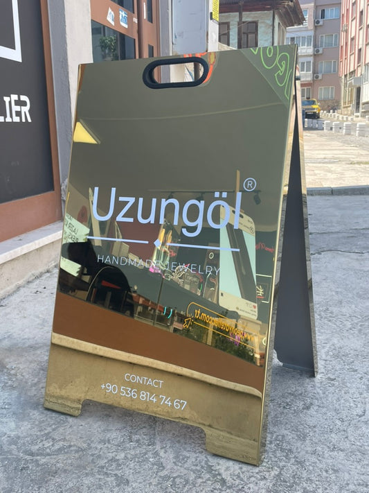 Aynalı Gold Paslanmaz A Tabela | Lüks Metal Kaldırım Tabelası | Dış Mekan Reklam Standı | 3 Boy Seçeneği