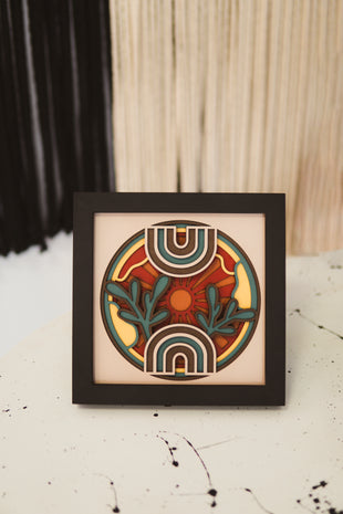 Boho Gökkuşağı & Güneş Katmanlı Tablo – Renkli MDF Çerçeve Duvar Dekoru – El Yapımı Spiritüel Sanat