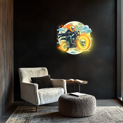 Ateşli Motorcu Neon Duvar Dekoru | İskelet Motosiklet Temalı LED Işıklı Pleksi Tablo | Gamer & Garaj Dekoru
