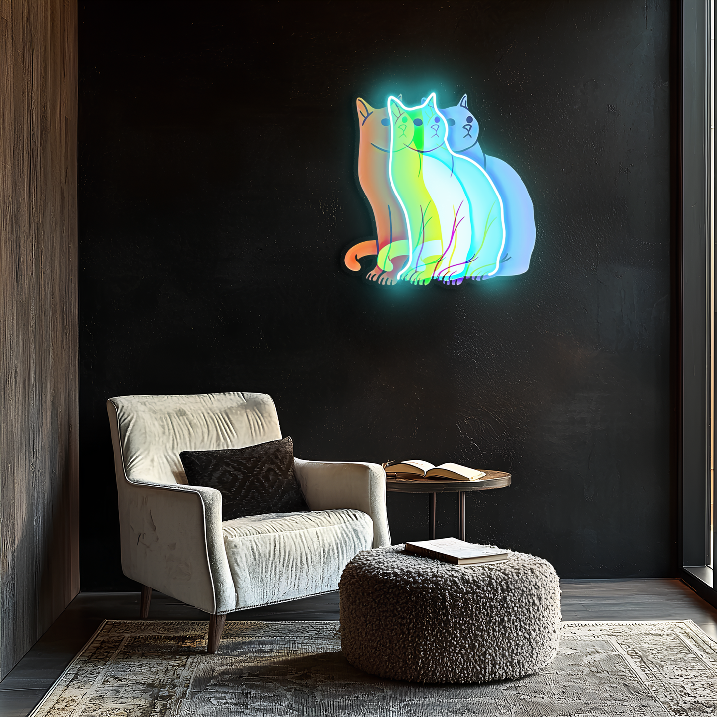Üç Renkli Kedi Neon Duvar Dekoru | Gökkuşağı Işıklı Pleksi Tablo | Modern ve Minimalist Ev Dekoru
