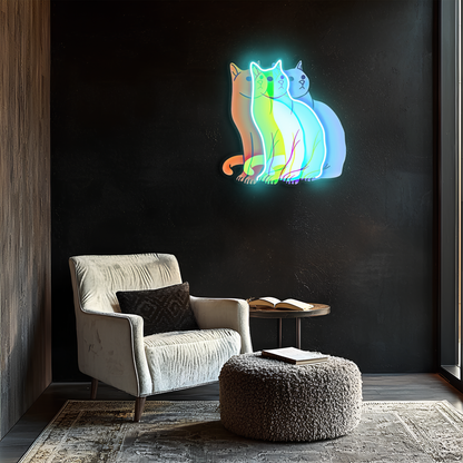 Üç Renkli Kedi Neon Duvar Dekoru | Gökkuşağı Işıklı Pleksi Tablo | Modern ve Minimalist Ev Dekoru