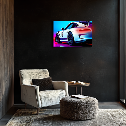 Beyaz GT Yarış Araba UV Baskı Neon Duvar Dekoru | Pleksi Işıklı Spor Araba Tablo | Gamer Room Duvar Sanatı
