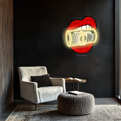 Pop Art Dudak Neon Duvar Dekoru | Para Rulosu Isıran Dudak Tasarımı | Işıklı LED Pleksi Duvar Sanatı