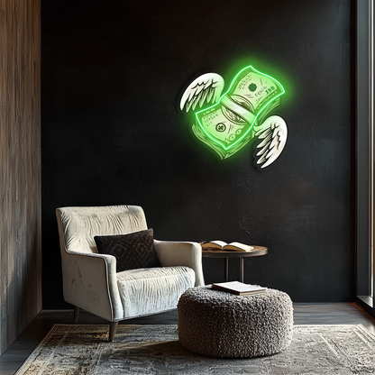 Uçan Para Neon Duvar Dekoru | Yeşil Işıklı Pleksi Tablo | Gamer Room ve Ofis İçin Modern Duvar Sanatı