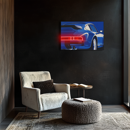 Mavi Retro Spor Araba UV Baskı Neon Duvar Dekoru | Pleksi Işıklı Tablo | Modern Ev ve Ofis Dekoru
