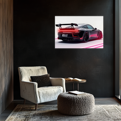 Siyah GT Spor Araba UV Baskı Neon Duvar Dekoru | Pleksi Işıklı Duvar Tablosu | Modern Ev ve Ofis Dekoru