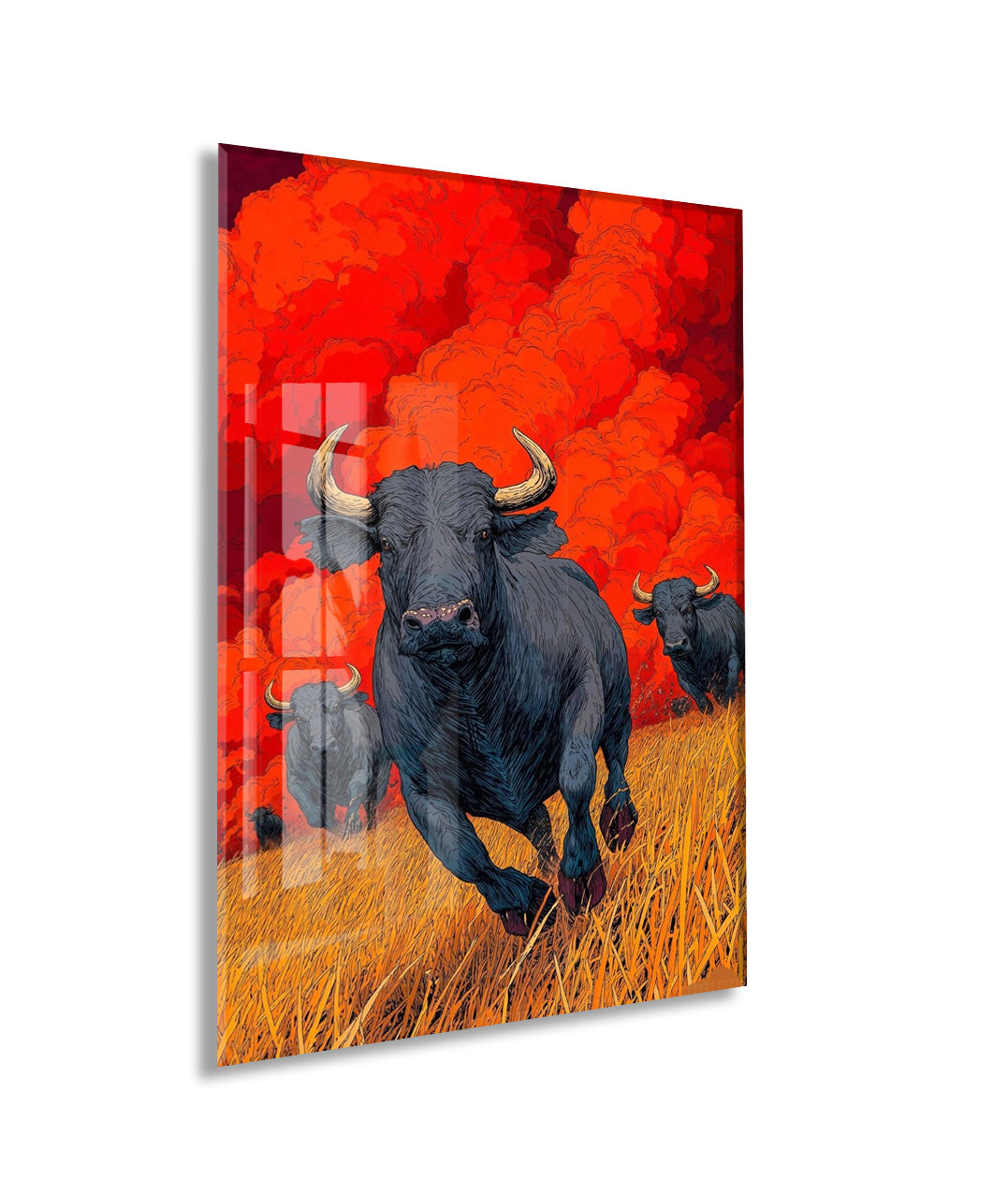 Koşan Boğa Figürlü Cam Tablo – Kırmızı Arka Planlı Modern Güç Temalı Duvar Dekoru - Peony074