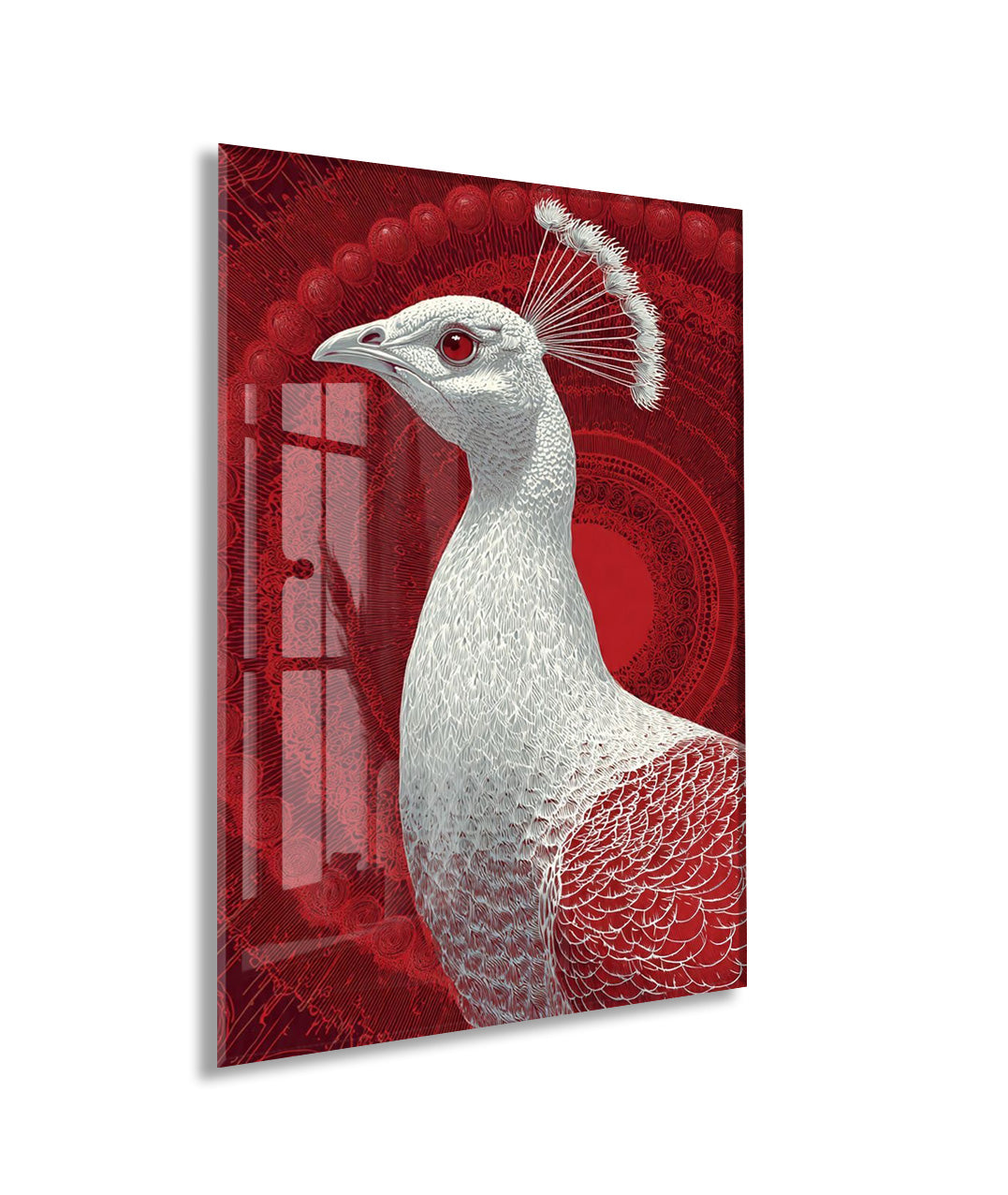 Mistik Kırmızı Arka Planlı Tavus Kuşu Cam Tablo – Lüks ve Sanatsal Duvar Dekoru - Peony083