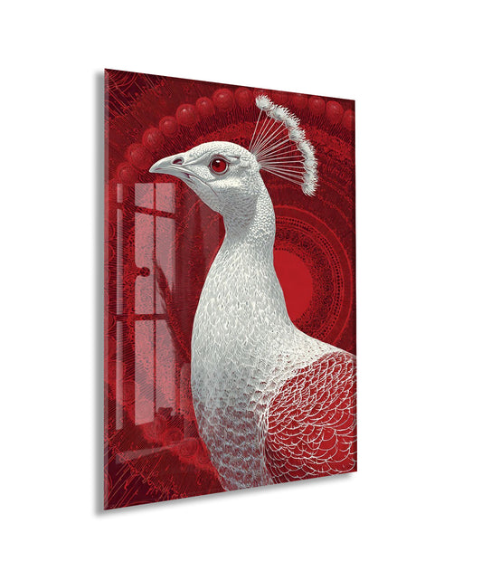 Mistik Kırmızı Arka Planlı Tavus Kuşu Cam Tablo – Lüks ve Sanatsal Duvar Dekoru - Peony083