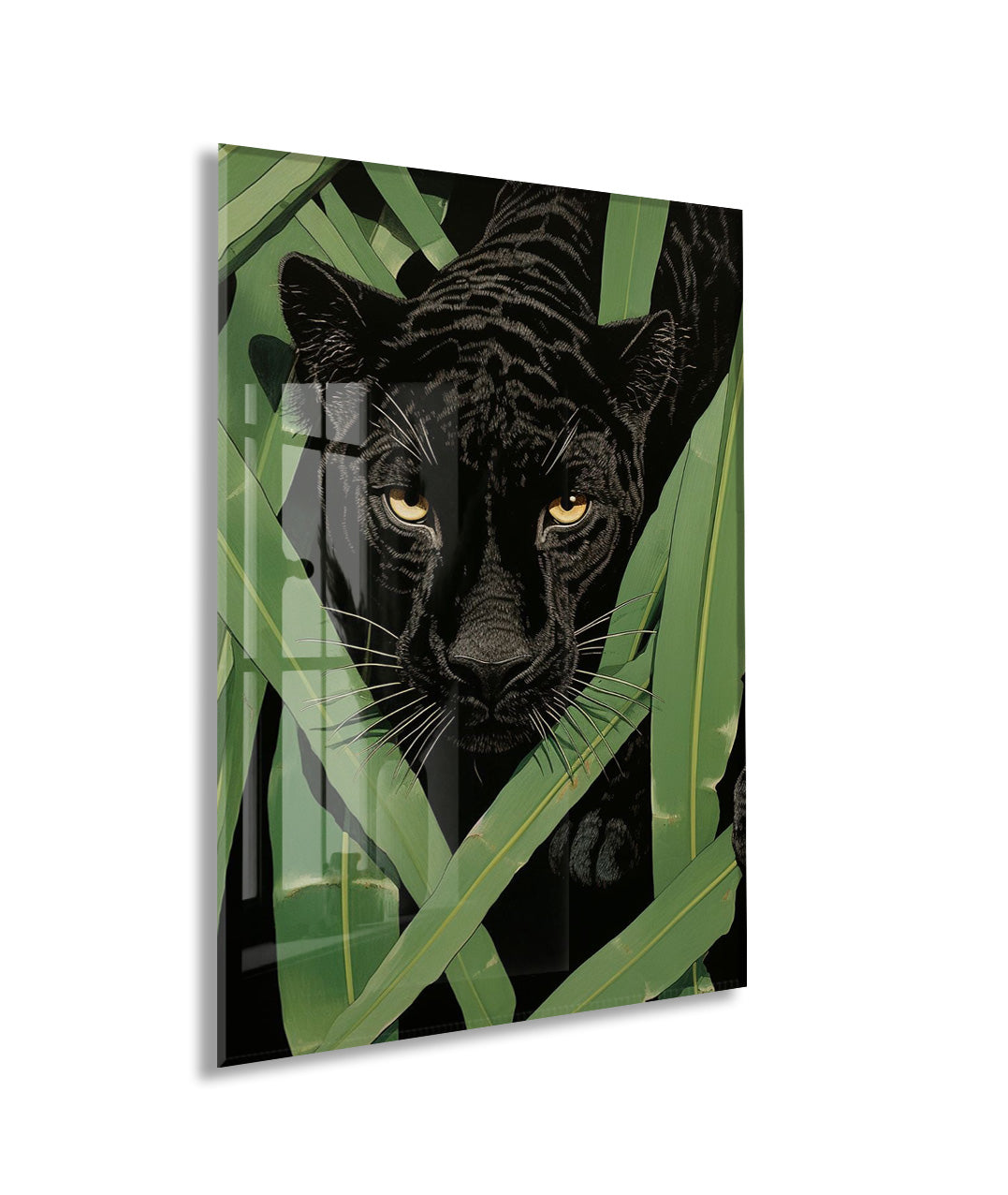 Tropikal Yapraklar Arasında Siyah Panter Cam Tablo – Gizem ve Güç Temalı Duvar Dekoru- Peony088
