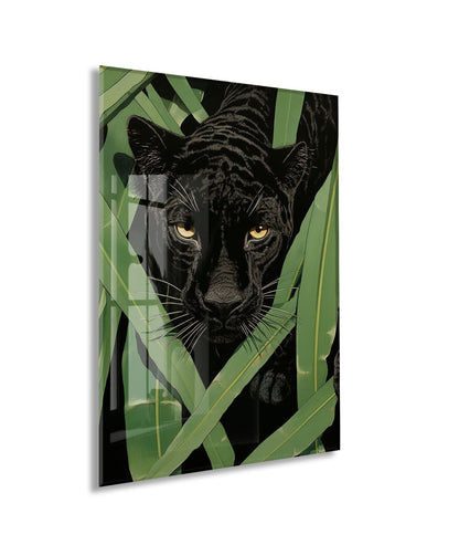 Tropikal Yapraklar Arasında Siyah Panter Cam Tablo – Gizem ve Güç Temalı Duvar Dekoru- Peony088