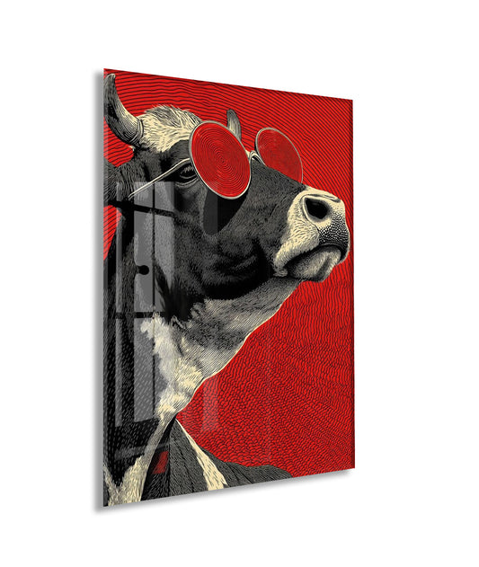 Pop Art Tarzı Boğa Cam Tablo – Kırmızı Arka Planlı Karizmatik Duvar Dekoru - Peony077