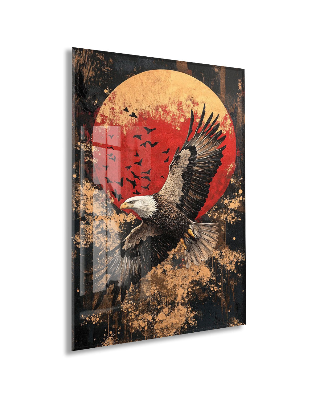Altın Dokulu Zeminli Kartal Cam Tablo – Güçlü Liderlik ve Özgürlük Temalı Duvar Dekoru - Peony081