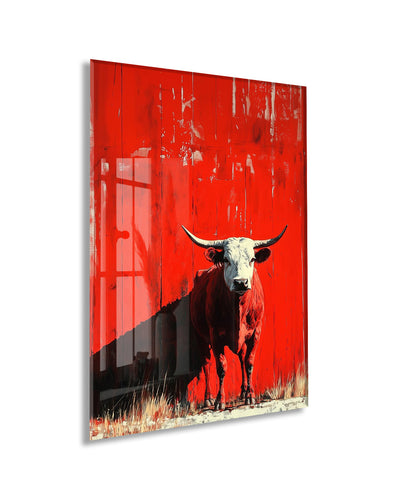 Kırmızı Zeminli Boğa Cam Tablo – Modern Güç ve Kararlılık Temalı Duvar Dekoru - Peony075