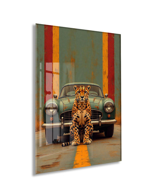 Klasik Otomobil ve Leopar Cam Tablo – Modern Urban Duvar Sanatı - Peony087