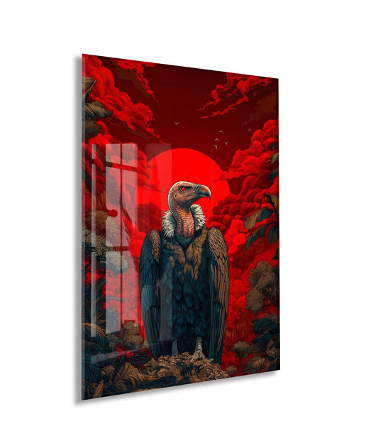 Kızıl Güneş Fonlu Akbaba Cam Tablo – Güç ve Hakimiyet Temalı Modern Duvar Dekoru - Peony079