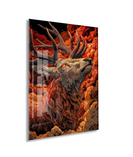 Asaletin Sembolü Geyik Cam Tablo – Ateş Tonlu Lüks Duvar Dekoru- Peony082