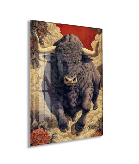 Lider Ruhlu Boğa Cam Tablo – Sanatsal Detaylı Güç ve Kararlılık Temalı Duvar Dekoru - Peony076