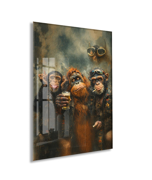 Biker Maymunlar Cam Tablo – Maskülen ve Karizmatik Bar Duvar Dekoru - Peony085