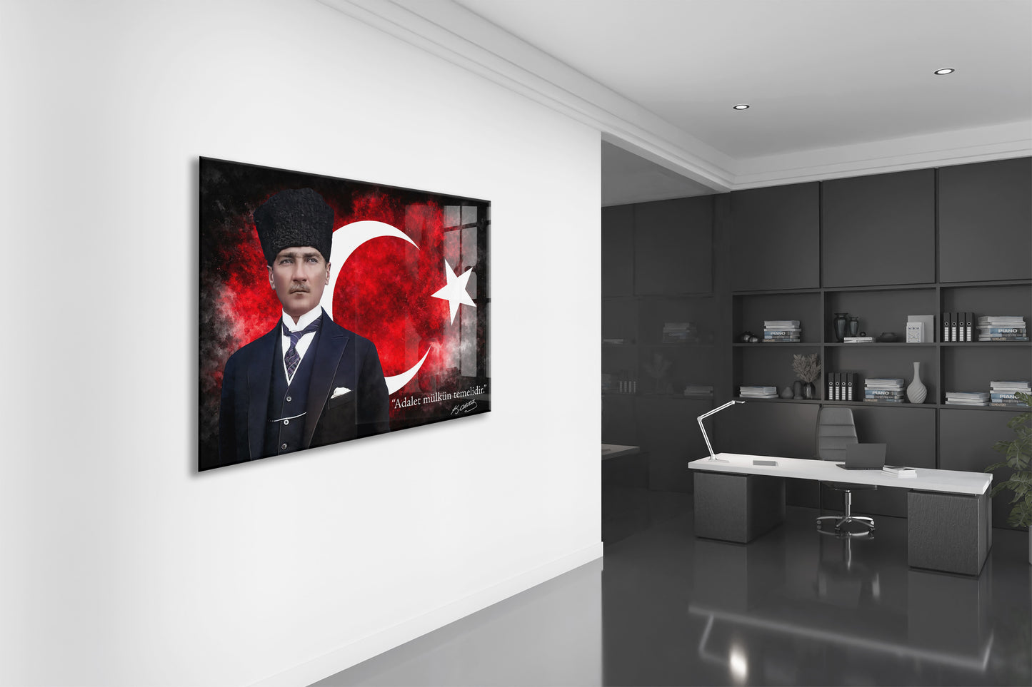 Kalpaklı Mustafa Kemal Atatürk Cam Tablo | “Adalet Mülkün Temelidir” 4 mm Temperli UV Baskılı -PeonyAta1312