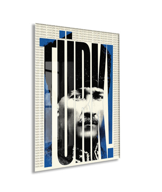 Mustafa Kemal Atatürk Ulu Önder Cam Tablo – Modern Tipografik Atatürk Duvar Dekoru (Mavi Siyah