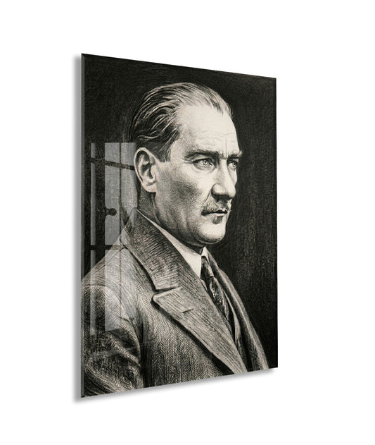 Mustafa Kemal Atatürk Karakalem Cam Tablo
