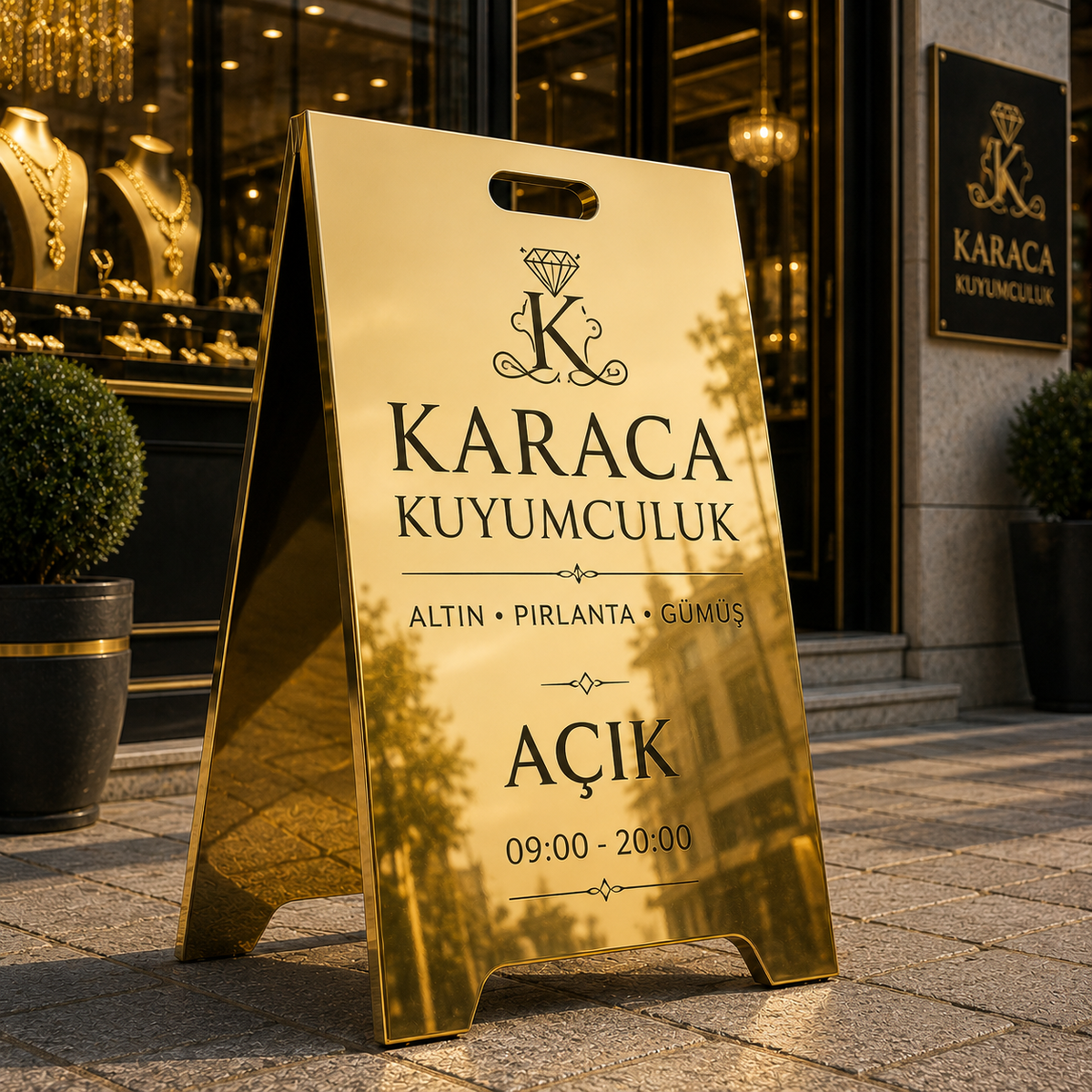 Aynalı Gold Paslanmaz A Tabela | Lüks Metal Kaldırım Tabelası | Dış Mekan Reklam Standı