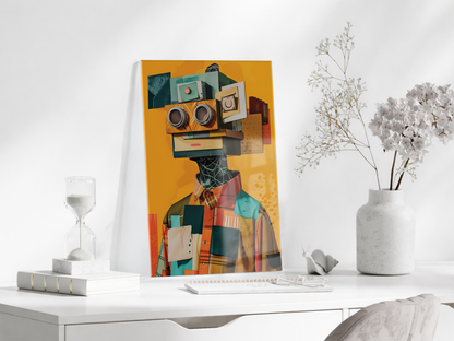 Modern Soyut Robot Figürlü Cam Tablo – Renkli Dijital Sanat Temalı UV Baskılı Temperli Cam Duvar
