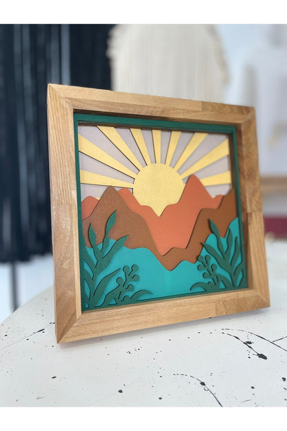 20x20cm El Yapımı 6 Katmanlı Ahşap Dağ ve Güneş Tablosu – Masif Çerçeveli