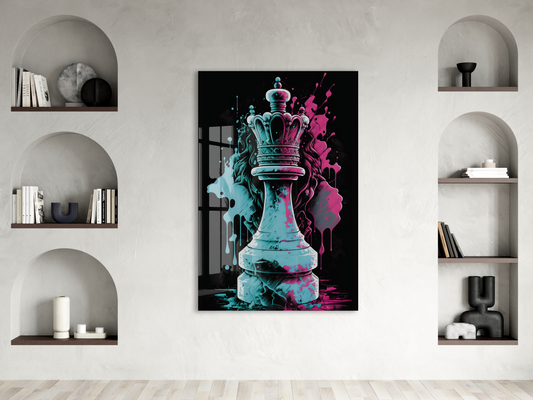 Satranç Kralı Cam Tablo – Güç ve Strateji Temalı Modern Pop Art, UV Baskılı Temperli Cam Duvar