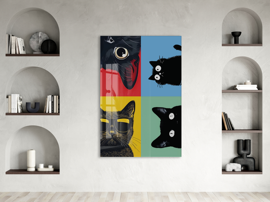 Pop Art Cats – Dört Ruh, Tek Stil Pop Art Duvar Cam Sanatı- Peony052