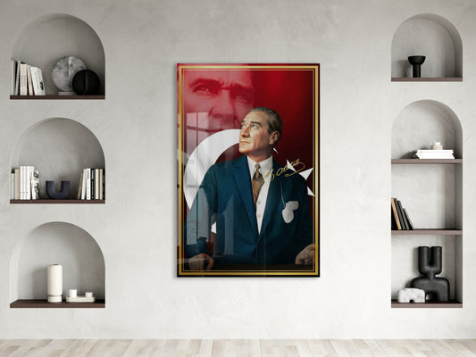 Mustafa Kemal Atatürk Türk Bayraklı Cam Tablo