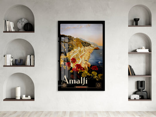 Amalfi Vintage Cam Tablo | İtalya Sahil Posteri UV Baskılı Temperli Cam Duvar Dekoru - Peony155