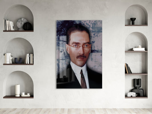 Atatürk Cam Tablo – Gözlüklü Portre Tasarımı, 4 mm Temperli Cam Üzerine Modern ve Prestijli Duvar