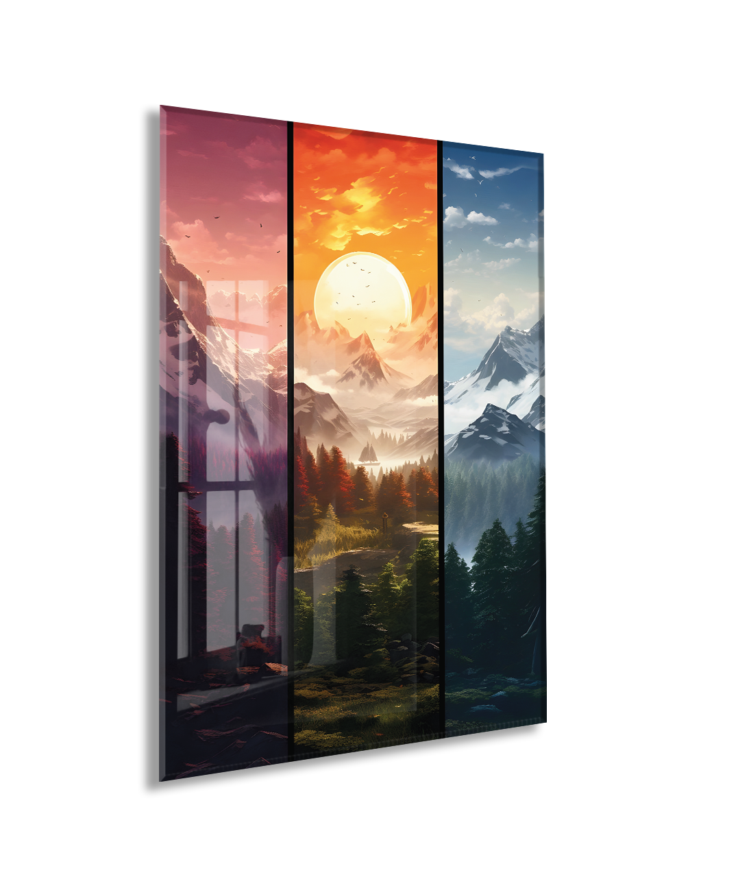 Modern Çok Panelli Dağ ve Gün Batımı Cam Tablo – Doğa Manzarası Temalı UV Baskılı Temperli Cam Duvar Tablosu - Peony003
