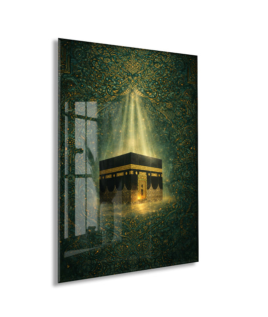 Kabe Temalı Cam Tablo – Altın Işık Efektli İslami Duvar Dekoru - PeonyDini151