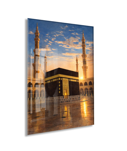 Gün Batımı Kabe Cam Tablo – Yansımalı İslami Duvar Dekoru - PeonyDini152