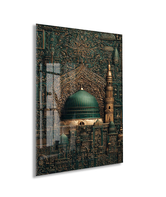 Mescid-i Nebevî Yeşil Kubbe Cam Tablo – Hat Sanatlı İslami Duvar Dekoru - PeonyDini144